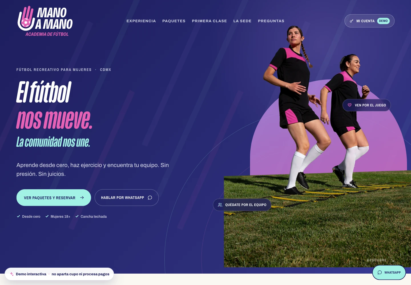 Diseño real de la web de Mano a Mano, con su identidad morada y su comunidad