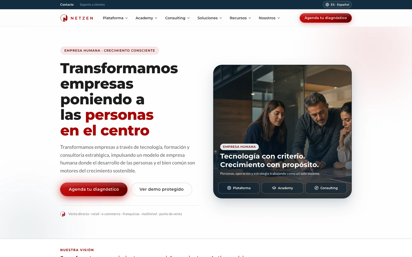 Diseño real del sitio de NETZEN con sus soluciones y recorridos